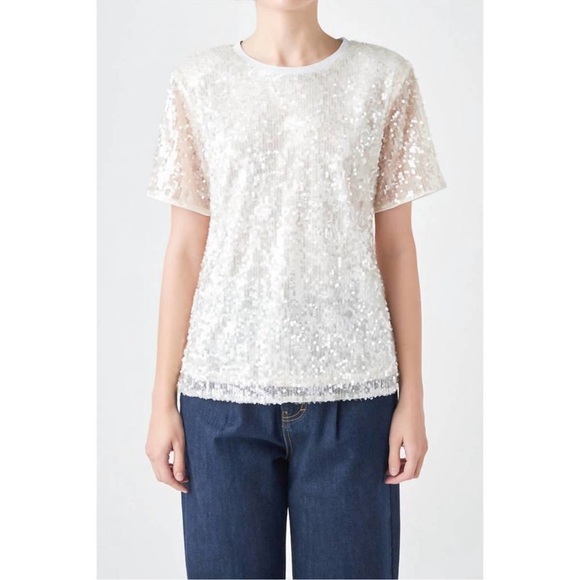 GREY LAB Sequin Short Sleeve Top‎ White Nude Pink NWT Size M - Picture 2 of 9